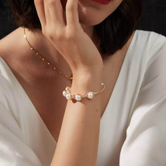 14K Gold Woven Freshwater Pearl Bracelet White