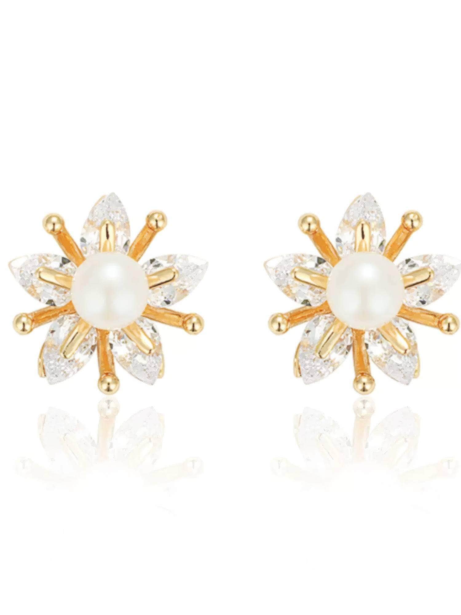 14k Paved Crystal Pearl Embellished Sunflower Stud Earrings Gold / Clip On