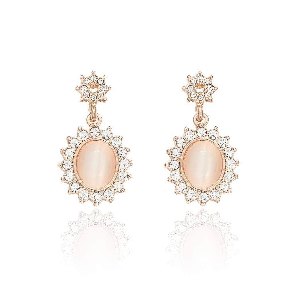 14K Rose Gold Paved Crystal Shimmery Opal Dangle Earrings Pink / Clip On