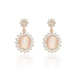 14K Rose Gold Paved Crystal Shimmery Opal Dangle Earrings Pink / Clip On