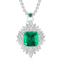 14K White Gold Cushion Set Lab Grown Emerald Diamond Necklace