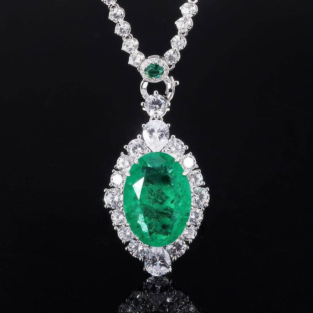 14K White Gold Cushion Set Lab Grown Emerald Diamond Necklace Emerald / Dan Shaped Pendant Necklace