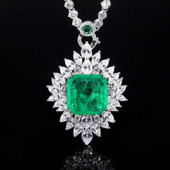 14K White Gold Cushion Set Lab Grown Emerald Diamond Necklace Emerald / Square Pendant Necklace