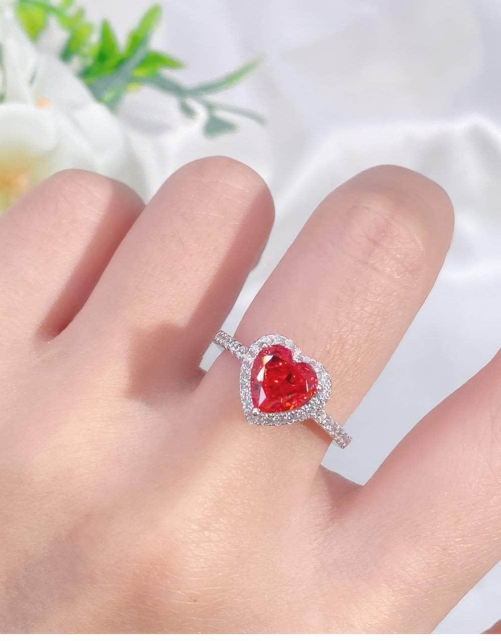 14k White Gold Heart Cut Paved Crystal Lab Diamond Ring