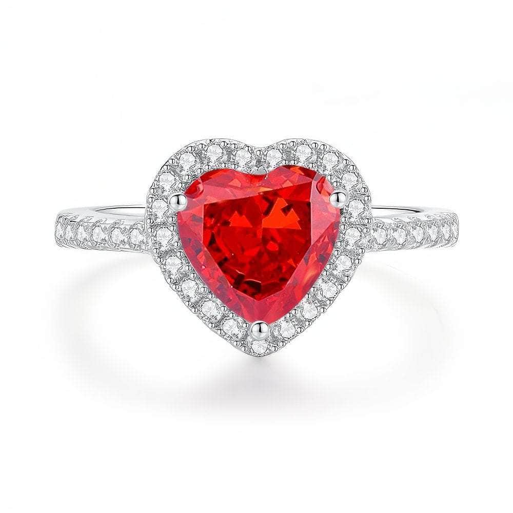 14k White Gold Heart Cut Paved Crystal Lab Diamond Ring 6 US / Ruby