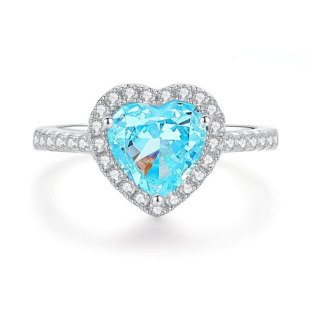 14k White Gold Heart Cut Paved Crystal Lab Diamond Ring 6 US / Sea Blue