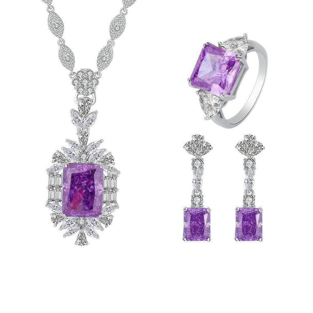 14k White Gold Lab Grown Amethyst Gemstone Floral Themed Jewelry Set