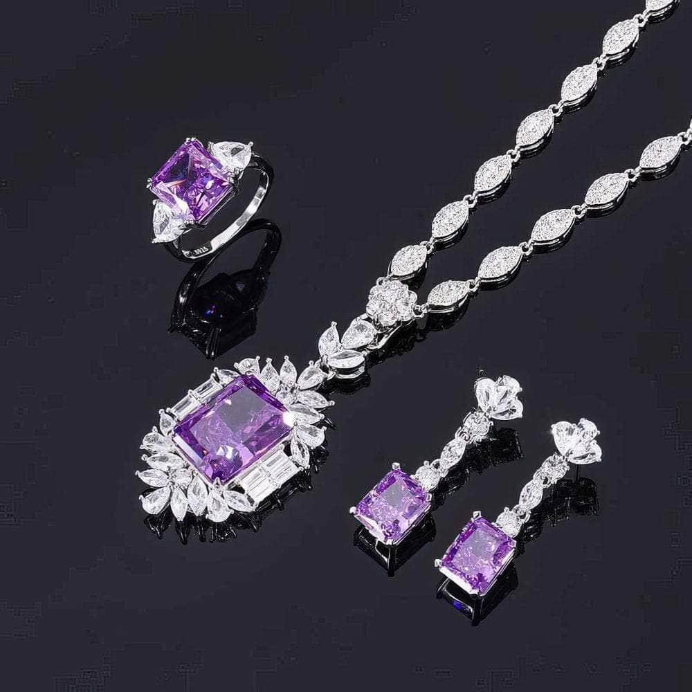 14k White Gold Lab Grown Amethyst Gemstone Floral Themed Jewelry Set