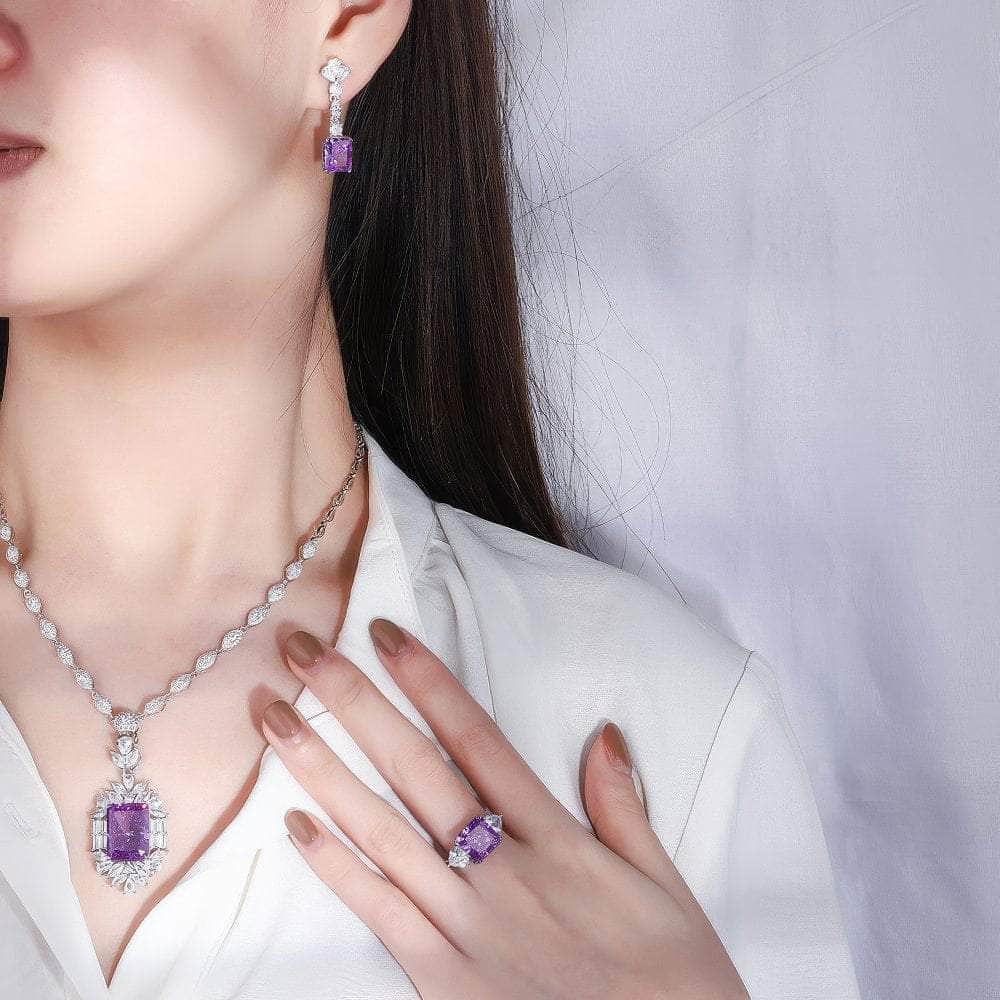 14k White Gold Lab Grown Amethyst Gemstone Floral Themed Jewelry Set