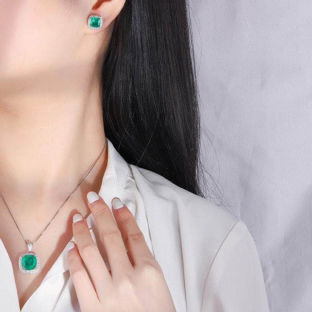 14K White Gold Lab Grown Diamond Emerald Gemstone Jewelry Set