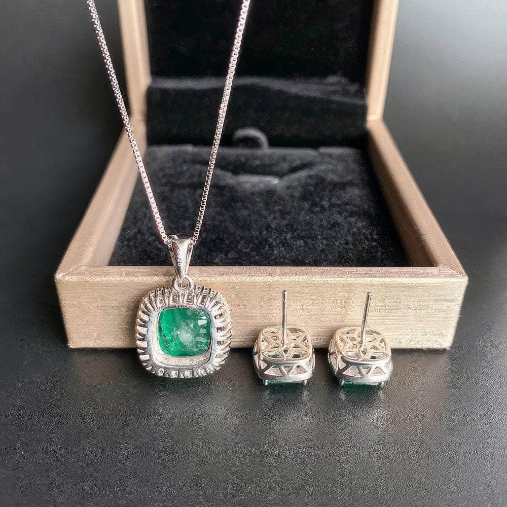 14K White Gold Lab Grown Diamond Emerald Gemstone Jewelry Set