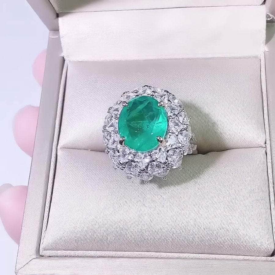 14K White Gold Lab Grown Oval Paraiba Tourmaline Emerald Ring