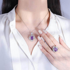 14k White Gold Lab Grown Purple Sapphire Floral Deco Jewelry Set