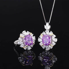 14k White Gold Lab Grown Purple Sapphire Floral Deco Jewelry Set 5 US / Purple Diamond / Necklace