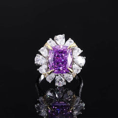 14k White Gold Lab Grown Purple Sapphire Floral Deco Jewelry Set 5 US / Purple Diamond / Ring