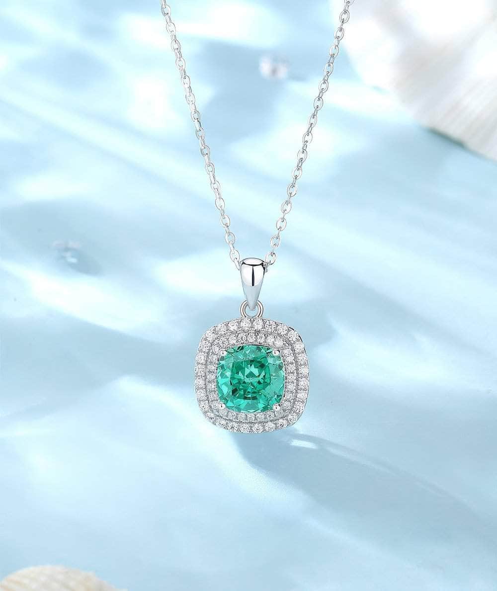 14k White Gold Paved Crystal Lab Diamond Emerald Gemstone Necklace