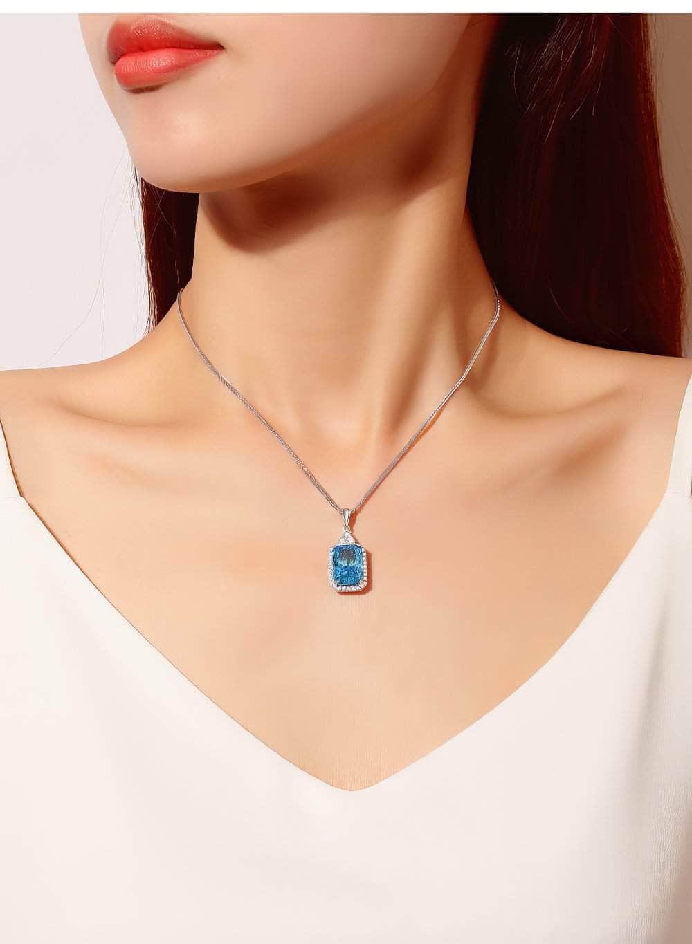 14k White Gold Paved Crystal Prong-Setting Blue Gemstone Necklace