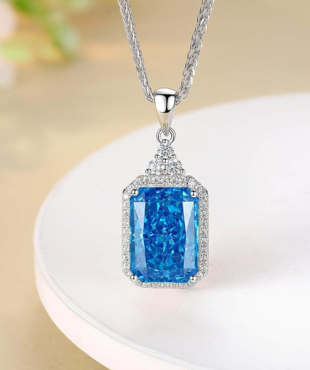 14k White Gold Paved Crystal Prong-Setting Blue Gemstone Necklace