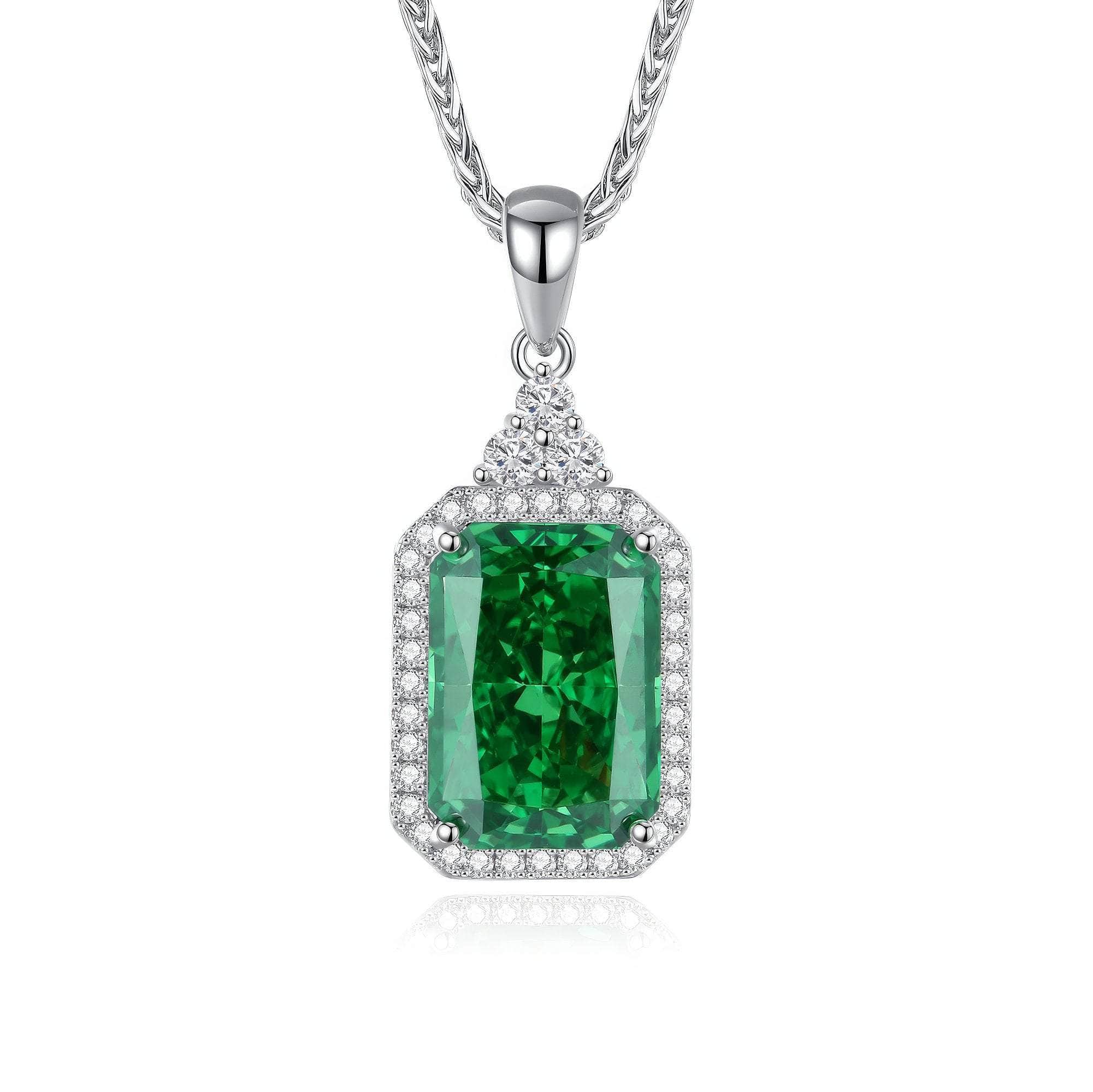 14k White Gold Paved Crystal Prong-Setting Blue Gemstone Necklace Emerald