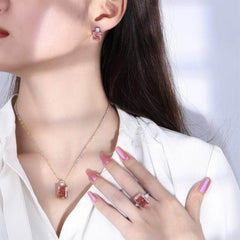 14k White Gold Radiant Cut Lab Grown Diamond Padparadscha Jewelry Set