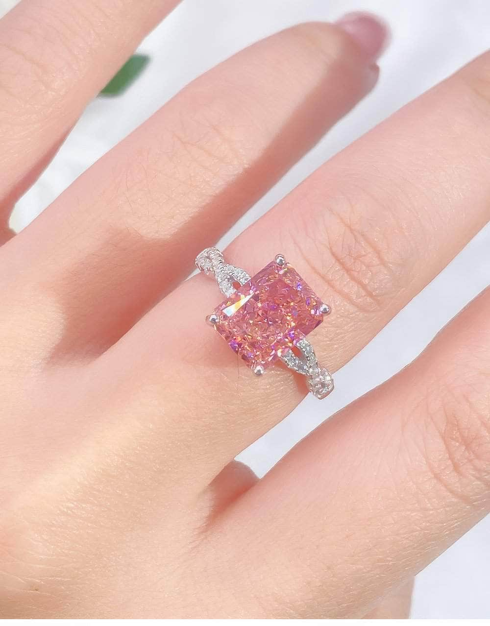 14K White Gold Radiant Cut Pink Sapphire Lab Simulated Gemstone Ring