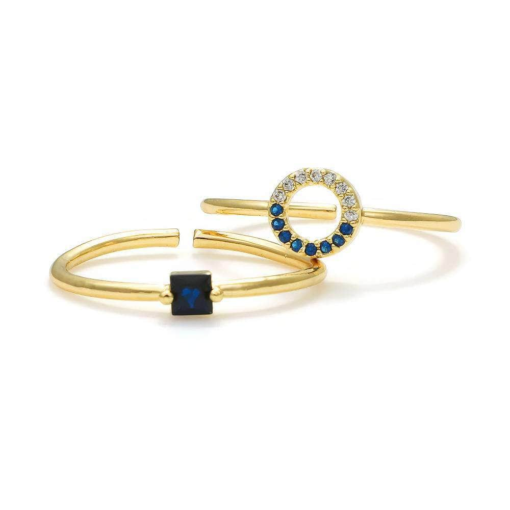 14k Gold Two-Set Blue Gemstone Crystal Paved Deco Cuff Ring