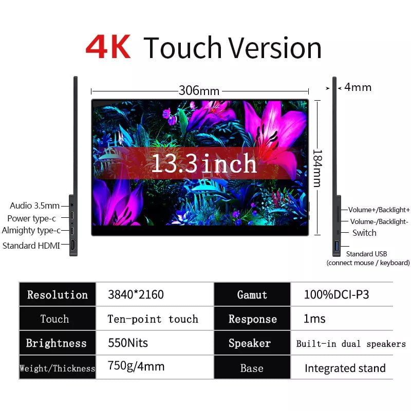 15.6/13 Inch 4K OLED Touch Screen Portable Monitor - 550Nit, USB-C, HDMI-Compatible - External Gaming Monitor for Xbox, Laptop, Switch 13.3 OLED 4K touch / UK Plug / CHINA