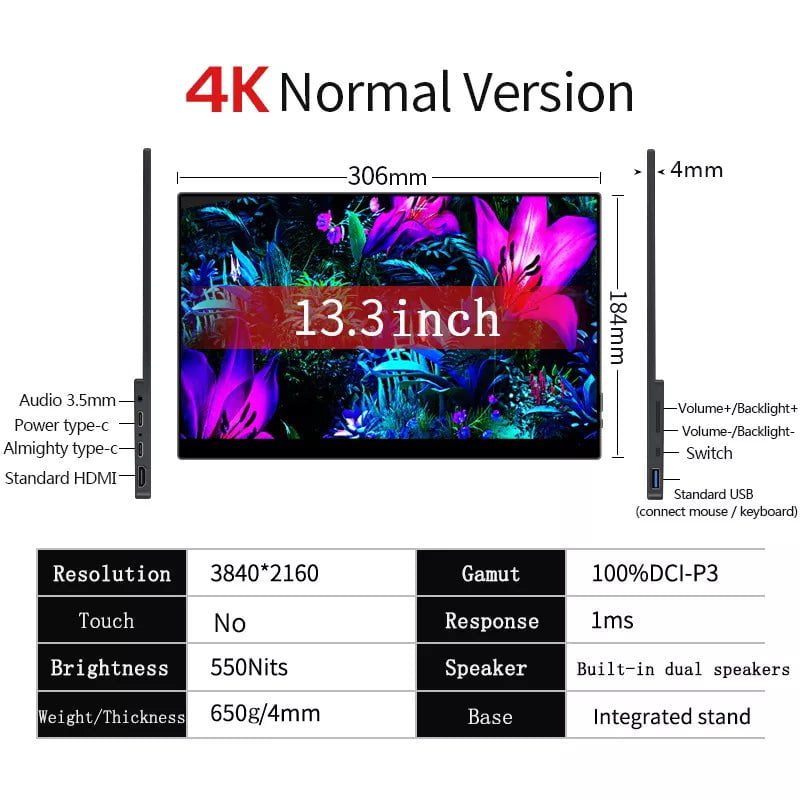 15.6/13 Inch 4K OLED Touch Screen Portable Monitor - 550Nit, USB-C, HDMI-Compatible - External Gaming Monitor for Xbox, Laptop, Switch 13.3 OLED 4K / UK Plug / CHINA