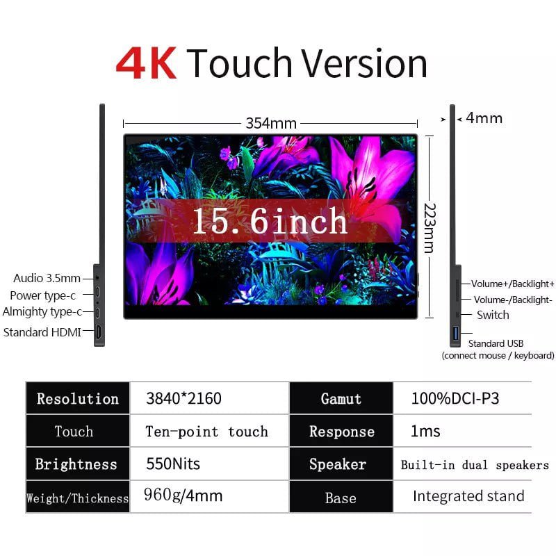 15.6/13 Inch 4K OLED Touch Screen Portable Monitor - 550Nit, USB-C, HDMI-Compatible - External Gaming Monitor for Xbox, Laptop, Switch 15.6 OLED 4K touch / UK Plug / CHINA