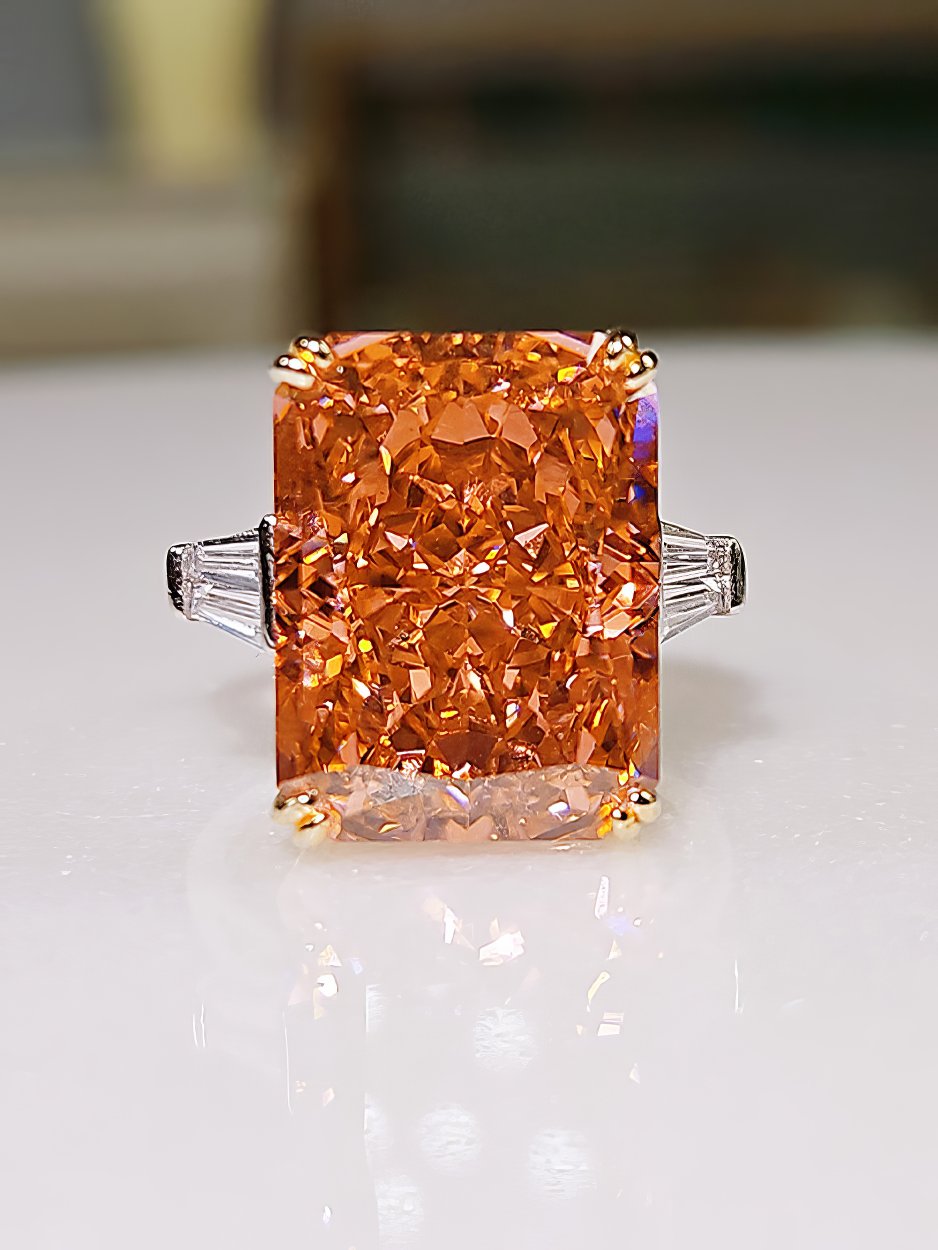 15 Ct Radiant Cut Lab Created Fancy Orange Diamond Ring