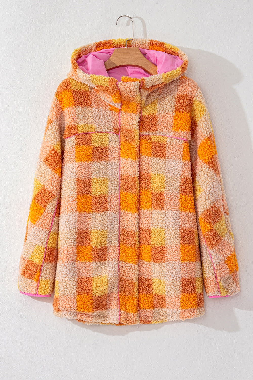 Checkered Long Sleeve Sherpa Hooded Jacket