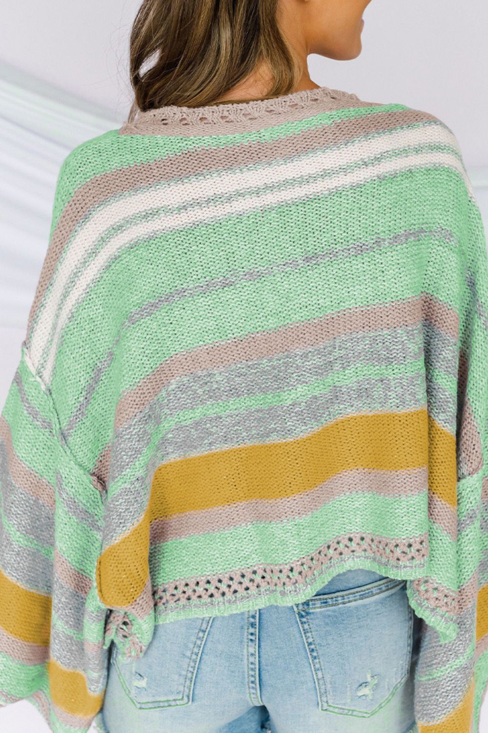 Contrast Striped Boat Neck Dropped Shoulder Sweater