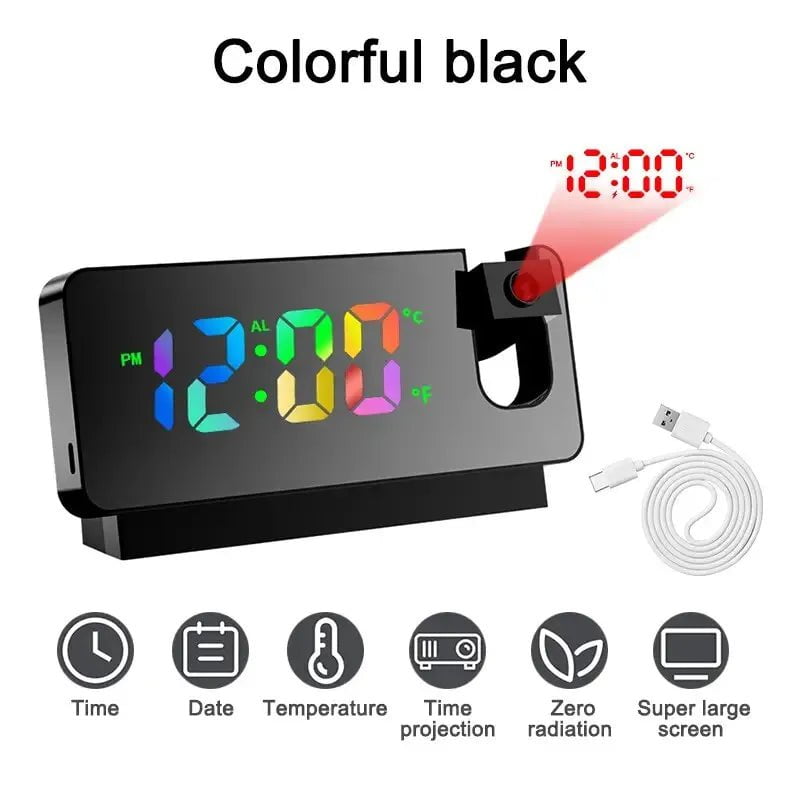 180° Rotating Projection Alarm Clock black lettering