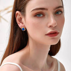 18K Gold Blue Gemstone Cabochon Earrings Blue