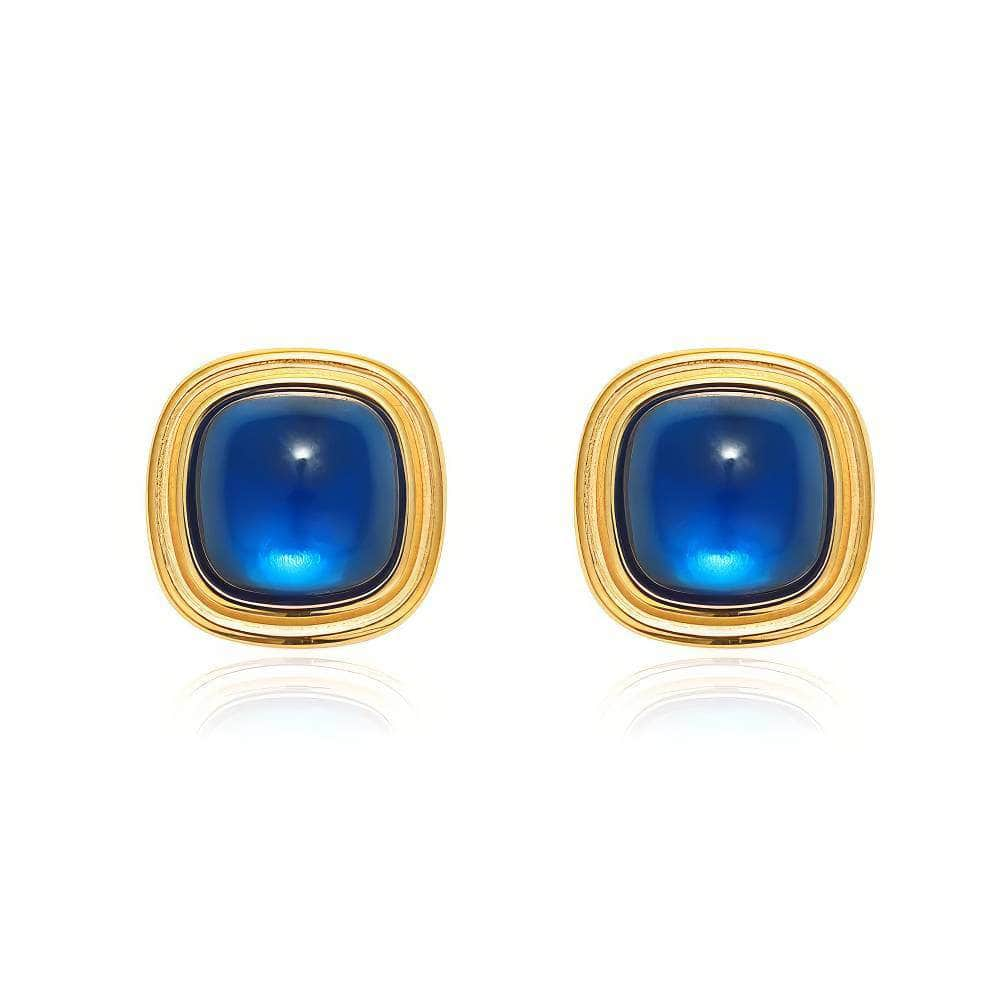 18K Gold Blue Gemstone Cabochon Earrings Blue