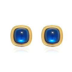 18K Gold Blue Gemstone Cabochon Earrings Blue