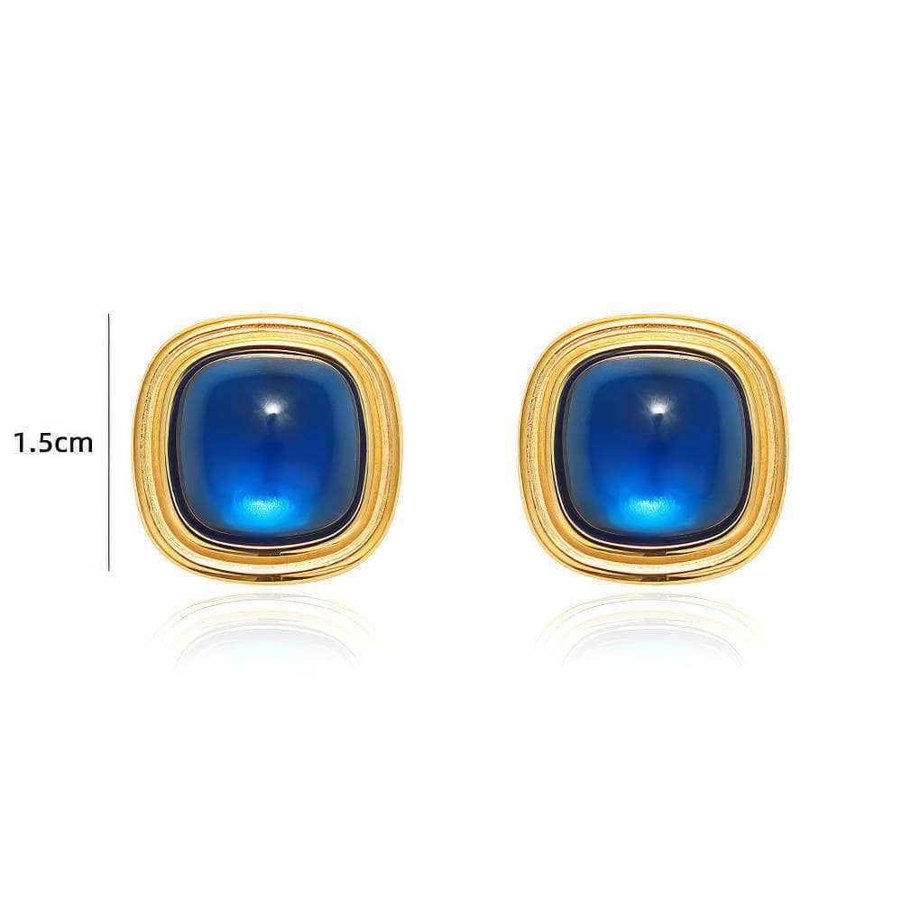 18K Gold Blue Gemstone Cabochon Earrings Blue