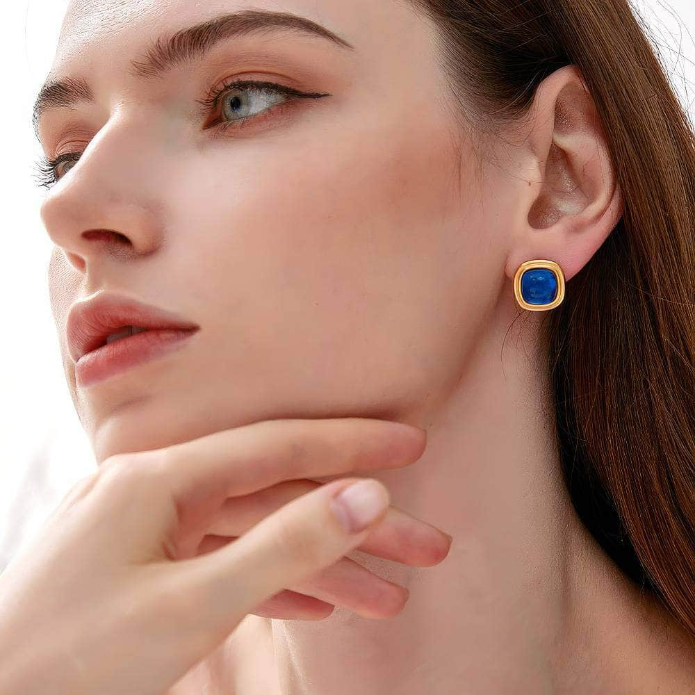 18K Gold Blue Gemstone Cabochon Earrings Blue