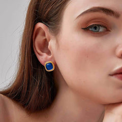 18K Gold Blue Gemstone Cabochon Earrings Blue