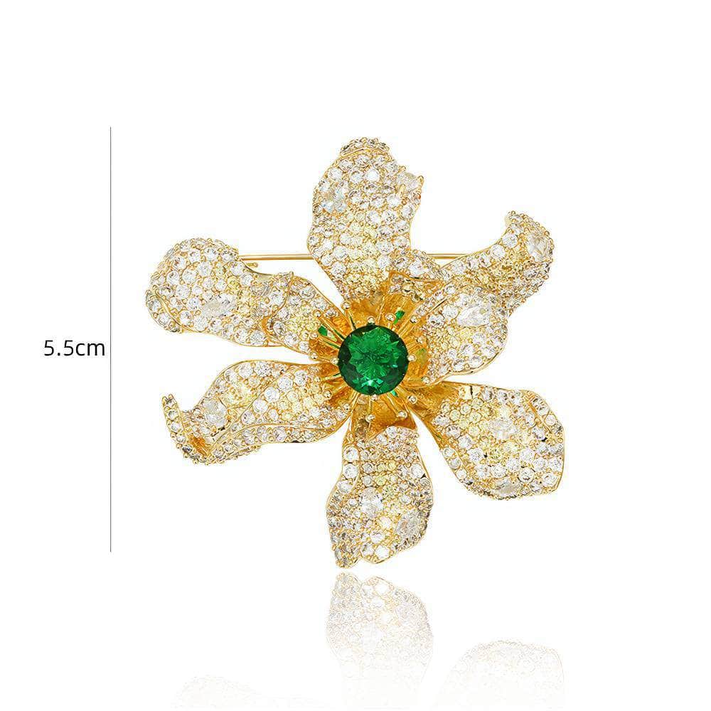 18K Gold Emerald Crystal Inlaid Sparkling Brooch Green