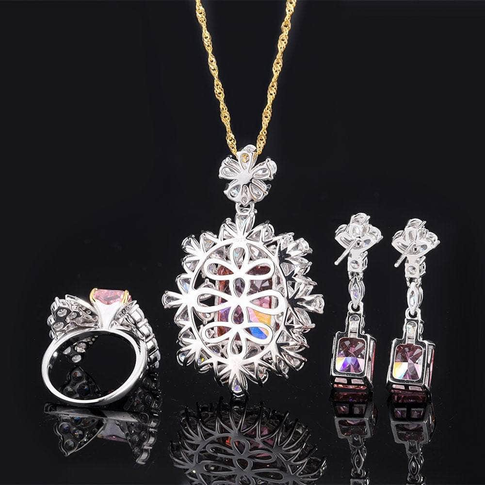 18k Gold Lab Simulated Genuine Padparascha Radiant Cut Floral Deco Jewelry Set