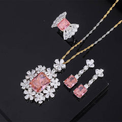 18k Gold Lab Simulated Genuine Padparascha Radiant Cut Floral Deco Jewelry Set