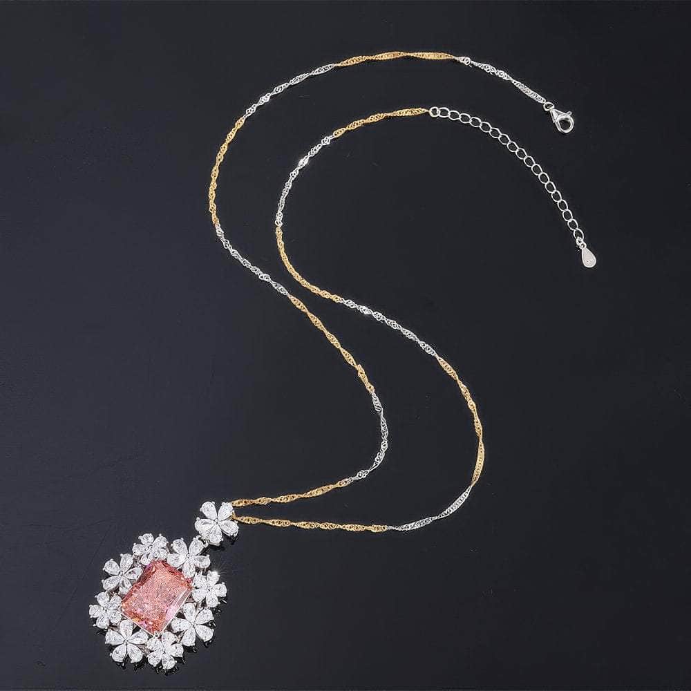 18k Gold Lab Simulated Genuine Padparascha Radiant Cut Floral Deco Jewelry Set 5 US / Padparadscha / Necklace