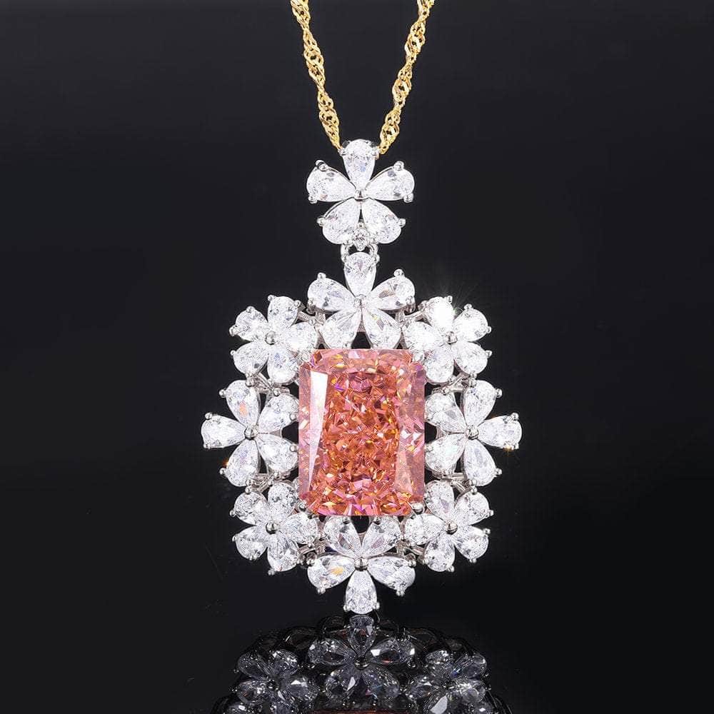 18k Gold Lab Simulated Genuine Padparascha Radiant Cut Floral Deco Jewelry Set 5 US / Padparadscha / Pendant