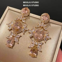 18K Gold Pink Crystal Tear Drop Earrings Bisque