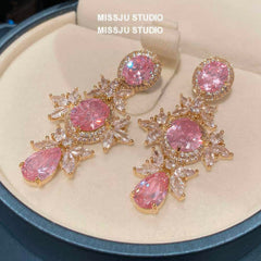 18K Gold Pink Crystal Tear Drop Earrings Pink