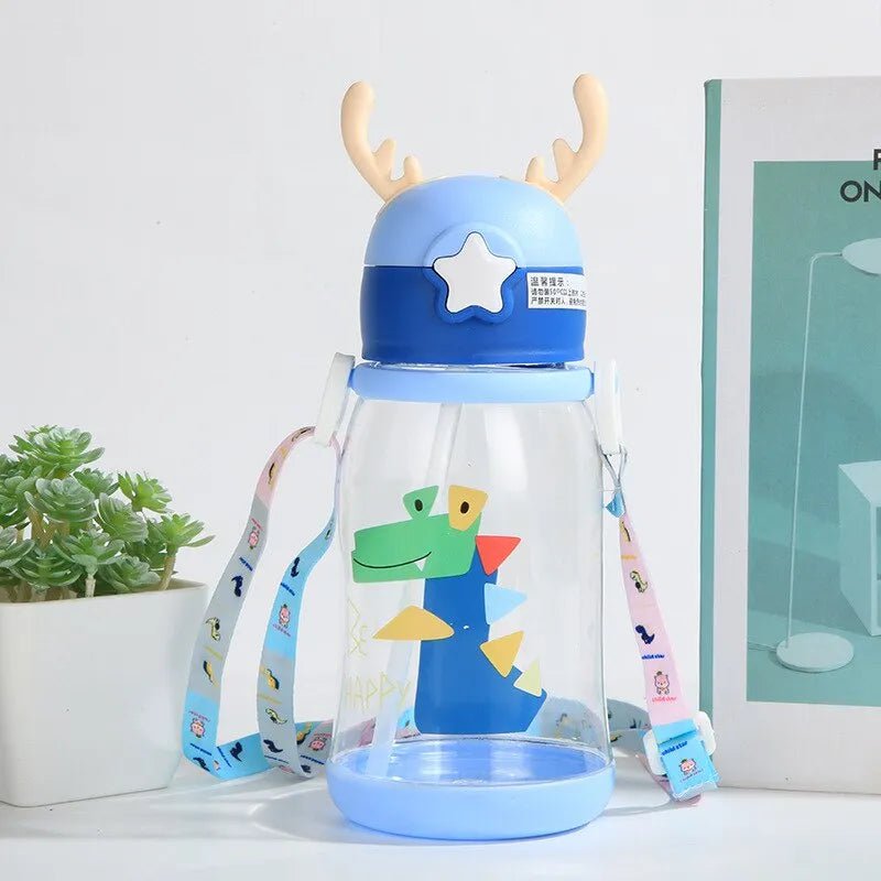 1pc 600ml Kids Sippy Cup - Antler Creative Cartoon Baby Cup with Straws, Leakproof Water Bottle for Outdoor 501-600ml / Blue