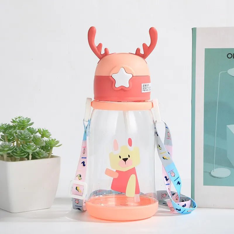 1pc 600ml Kids Sippy Cup - Antler Creative Cartoon Baby Cup with Straws, Leakproof Water Bottle for Outdoor 501-600ml / Pink