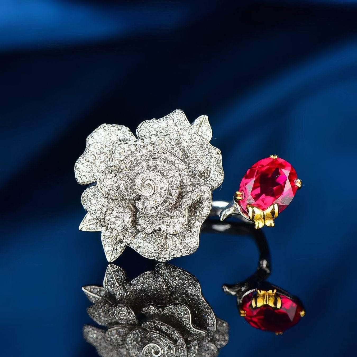 2.32 CT Ornate Cluster Flower Lab Created Ruby Gemstone Ring