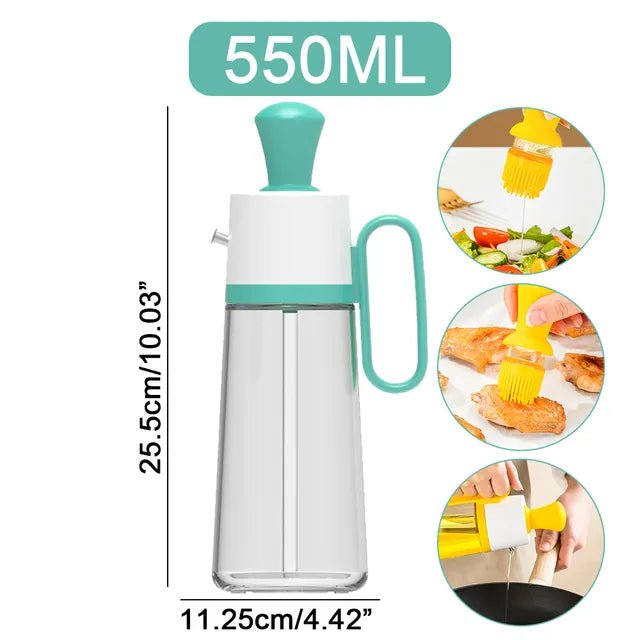 2 In 1 Oil Dispenser With Silicon Brush BBQ Oil Spray Glass Bottle Silicone for Barbecue Cooking Seasoning Bottle Kitchen Tool 550ml-green